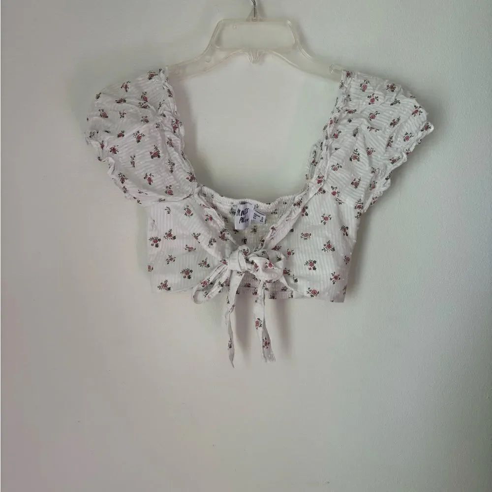 Princess Polly Floral Tie Front Crop Top White Size 2